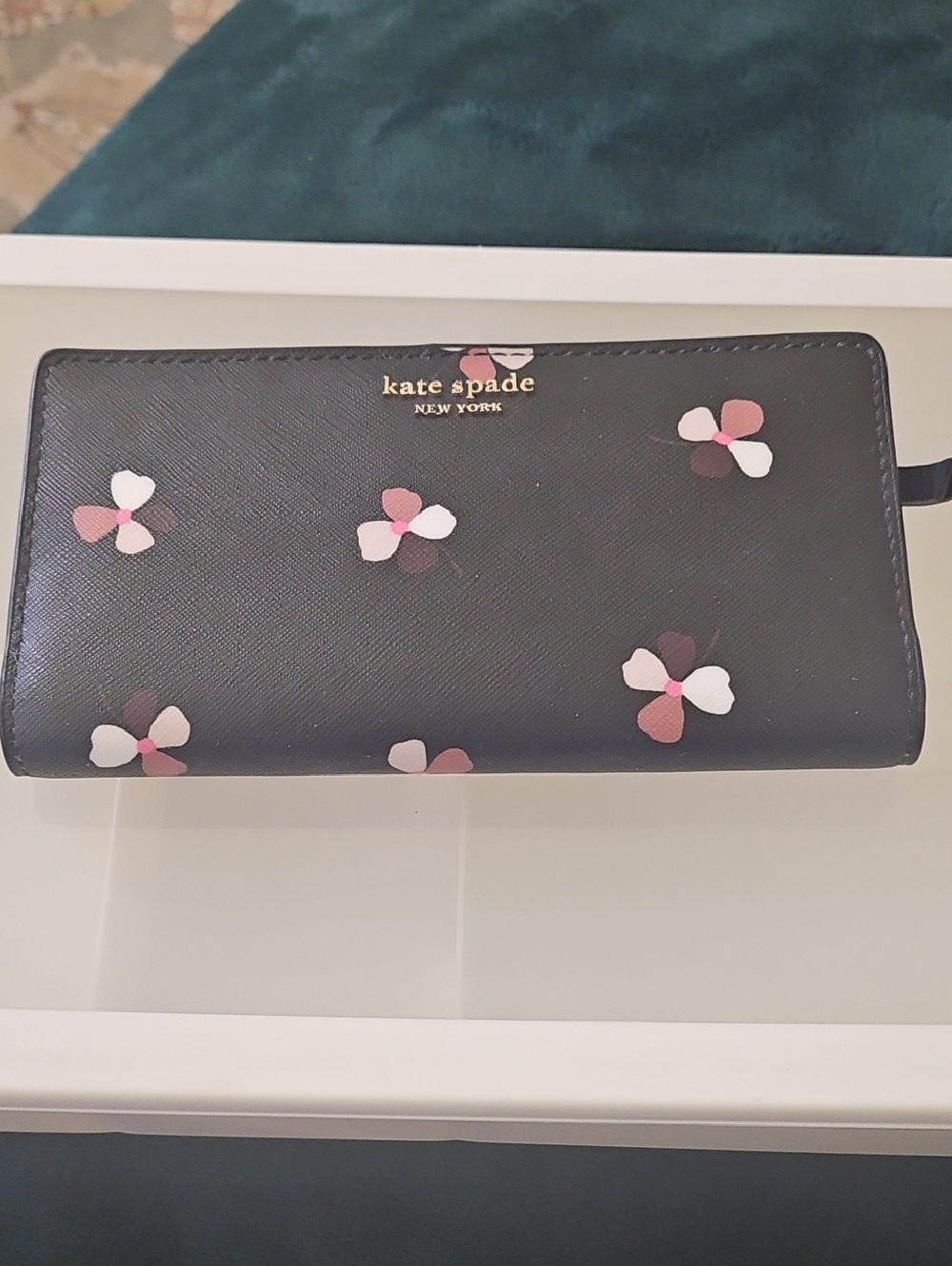 kate spade Black Floral Continental Wallet with Pink & White Accents